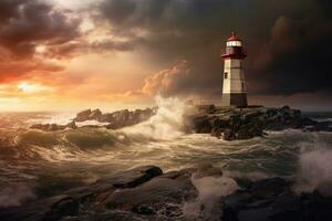 ai gegenereerd blauw atlantic storm wind vuurtoren wolk lucht water baken zeegezicht toren verlichting foto