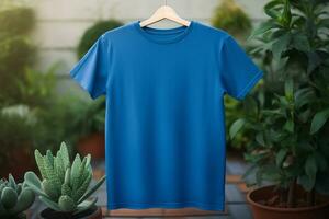 ai gegenereerd een blanco blauw t-shirt in een tuin foto