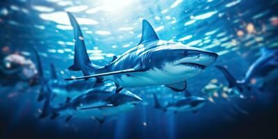 ai gegenereerd wild leven onder water natuur buitenshuis zee oceaan groot vis blauw haai achtergrond. diep duiken scuba duiken jager dier foto