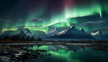 ai gegenereerd majestueus berg top weerspiegelt sterrenhemel nacht in rustig arctisch landschap gegenereerd door ai foto