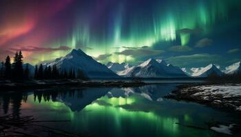 ai gegenereerd majestueus berg top weerspiegelt sterrenhemel nacht in rustig arctisch landschap gegenereerd door ai foto