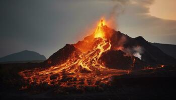 ai gegenereerd gloeiend vreugdevuur barst uit, smelten staal in natuur vurig inferno gegenereerd door ai foto