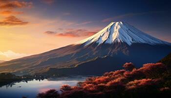 ai gegenereerd majestueus berg piek, besneeuwd en rustig, in Japans herfst gegenereerd door ai foto