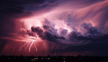 ai gegenereerd helder blauw lucht, donker silhouet boom, levendig bliksem bout gegenereerd door ai foto