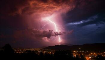 ai gegenereerd dramatisch lucht, donker nacht, onweersbui, majestueus bergen, nat gras gegenereerd door ai foto