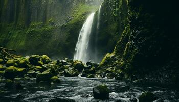 ai gegenereerd majestueus waterval vloeiende door tropisch regenwoud, een adembenemend avontuur gegenereerd door ai foto