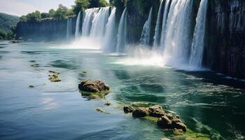 ai gegenereerd majestueus waterval vloeiende door tropisch regenwoud, een adembenemend avontuur gegenereerd door ai foto