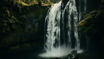 ai gegenereerd majestueus waterval vloeiende door tropisch regenwoud, een adembenemend avontuur gegenereerd door ai foto