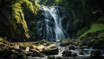 ai gegenereerd majestueus berg bereik, vloeiende water, rustig tafereel, natuur schoonheid gegenereerd door ai foto