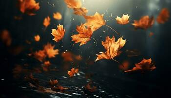 ai gegenereerd levendig herfst kleuren reflecteren Aan nat esdoorn- boom takken gegenereerd door ai foto