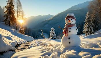 ai gegenereerd glimlachen Mens in winter, vieren met sneeuw, geschenk, en vreugde gegenereerd door ai foto