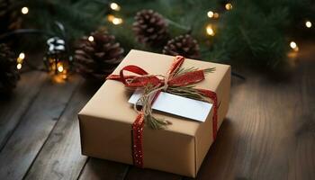 eigengemaakt geschenk doos verpakt in rustiek Kerstmis omhulsel papier gegenereerd door ai foto