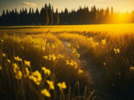 ai gegenereerd gloeiend velden van winter zacht focus zonsondergang weide met geel bloemen van de natuur omarmen. een symfonie van kleuren warm winter zonsondergang weide met abstract zacht focus natuur harmonie foto