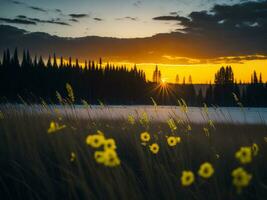 ai gegenereerd gloeiend velden van winter zacht focus zonsondergang weide met geel bloemen van de natuur omarmen. een symfonie van kleuren warm winter zonsondergang weide met abstract zacht focus natuur harmonie. foto