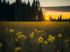 ai gegenereerd gloeiend velden van winter zacht focus zonsondergang weide met geel bloemen van de natuur omarmen. een symfonie van kleuren warm winter zonsondergang weide met abstract zacht focus natuur harmonie. foto