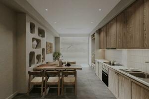 de dining kamer heeft rustiek elegantie handgemaakt stoelen met een tafel De volgende naar de keuken. foto