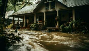 ai gegenereerd huis omringd door vuil overstromingswater in antenne visie foto