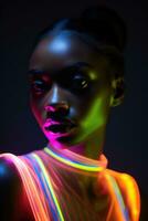 portret van jong Afrikaanse Amerikaans vrouw in neon licht. ai gegenereerd foto