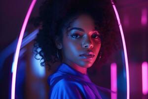 portret van jong Afrikaanse Amerikaans vrouw in neon licht. ai gegenereerd foto