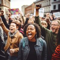 mensen met plakkaten en posters Aan globaal staking. ai gegenereerd foto