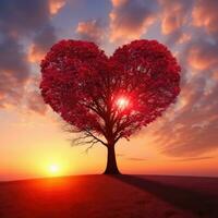rood hart vormig boom Aan zonsondergang. ai gegenereerd foto
