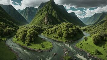 ai gegenereerd majestueus groen bemost vallei met rivier- en bergen foto