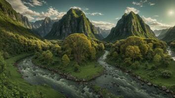 ai gegenereerd majestueus groen bemost vallei met rivier- en bergen foto