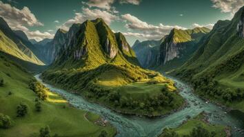 ai gegenereerd majestueus groen bemost vallei met rivier- en bergen foto