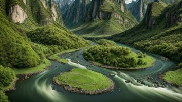 ai gegenereerd majestueus groen bemost vallei met rivier- en bergen foto