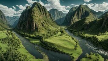 ai gegenereerd majestueus groen bemost vallei met rivier- en bergen foto