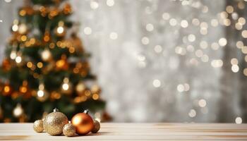 ai gegenereerd winter viering glimmend Kerstmis ornament siert besneeuwd Spar boom gegenereerd door ai foto