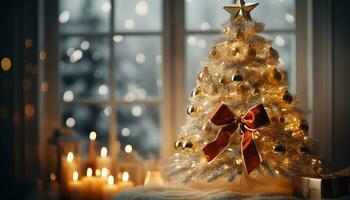 ai gegenereerd glimmend goud ornament gloeit, verhelderend feestelijk Kerstmis boom decor gegenereerd door ai foto