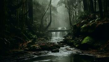 ai gegenereerd majestueus waterval vloeiende door tropisch regenwoud, een adembenemend avontuur gegenereerd door ai foto