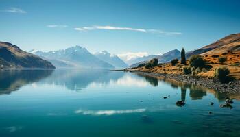 ai gegenereerd majestueus berg reeks weerspiegelt in rustig water, presentatie van natuurlijk schoonheid gegenereerd door ai foto