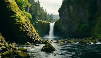 ai gegenereerd majestueus berg bereik, vloeiende water, rustig tafereel, natuur schoonheid gegenereerd door ai foto