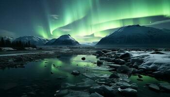 ai gegenereerd majestueus berg top weerspiegelt sterrenhemel nacht in rustig arctisch landschap gegenereerd door ai foto