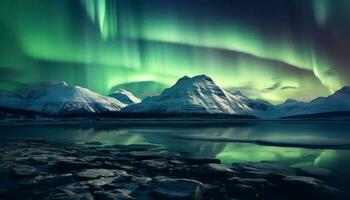 ai gegenereerd majestueus berg top weerspiegelt sterrenhemel nacht in rustig arctisch landschap gegenereerd door ai foto