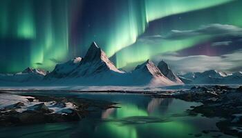 ai gegenereerd majestueus berg top weerspiegelt rustig zonsondergang over- water gegenereerd door ai foto