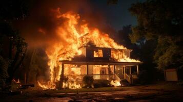 ai gegenereerd brand in de huis. de huis is Aan vuur, overspoeld in vlammen. brandend gebouw. wildvuur. inferno vernietigt huis. catastrofe, ongeluk. woon- vernietigen. nacht tijd. foto