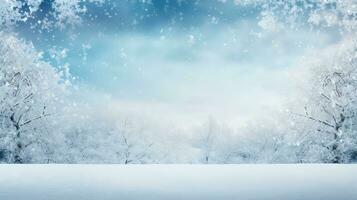 ai gegenereerd winter sneeuw en illustratie met pijnboom bomen en Doorzichtig lucht foto