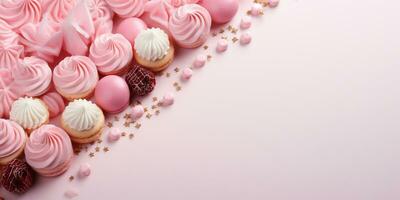 ai gegenereerd verjaardag partij roze en goud vlak samenstelling, cupcakes, ballonnen, confetti, banier concept cadeaukaart, kopiëren ruimte, roze achtergrond foto