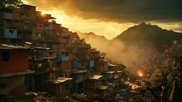 ai gegenereerd generatief ai, braziliaans favelas gemeenschap, panoramisch visie met veel huizen, stedelijk stad- arm huis gebouwen foto