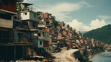 ai gegenereerd generatief ai, braziliaans favelas gemeenschap, panoramisch visie met veel huizen, stedelijk stad- arm huis gebouwen foto