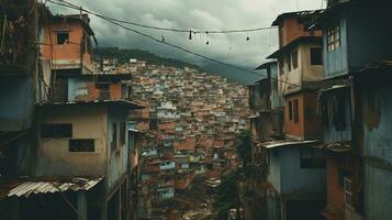 ai gegenereerd generatief ai, braziliaans favelas gemeenschap, panoramisch visie met veel huizen, stedelijk stad- arm huis gebouwen foto