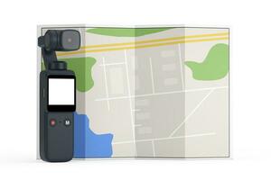 zak- handheld gimbal actie camera met abstract stad plan kaart. 3d renderen foto