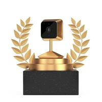 winnaar prijs kubus goud laurier krans podium, stadium of voetstuk met gouden modern veiligheid web camera. 3d renderen foto