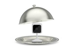 zilver restaurant cloche met wit modern web camera . 3d renderen foto