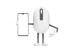 computer muis tekenfilm persoon karakter mascotte en modern mobiel telefoon met blanco scherm voor uw ontwerp. 3d renderen foto