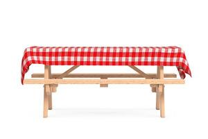 houten picknick tafel met banken en rood plaid tafelkleed. 3d renderen foto