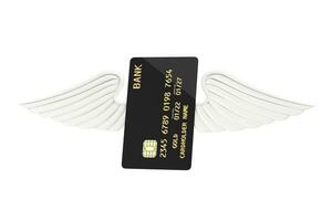 zwart plastic gouden credit kaart met spaander en engel Vleugels. 3d renderen foto